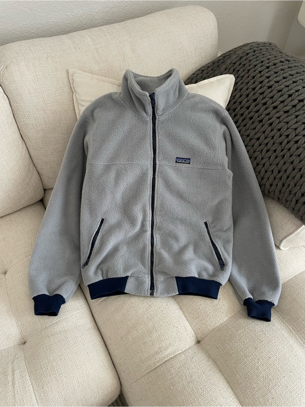 Vintage Patagonia Full Zip Fleece Bomber Jacket Slate Grey Navy Blue Made in USA